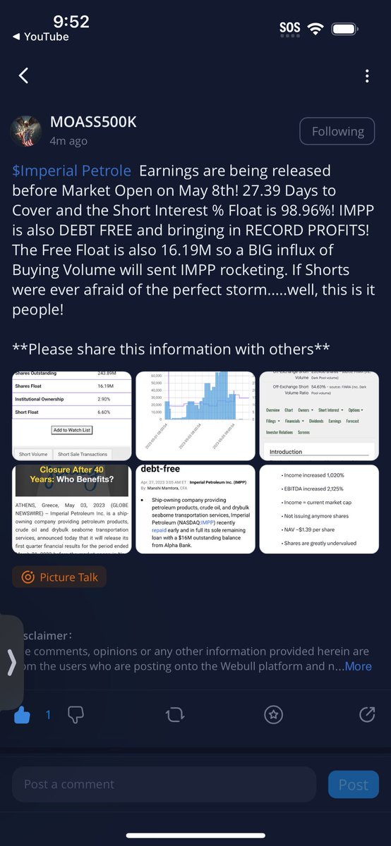 LizWhistle's tweet image. 🚨🚨🚨🚨#IMPP $IMPP SHORT SQUEEZE HIGHLY POSSIBLE ON MONDAY MAY 8th???!!🚨🚨🚨💸💸💸💸💸💸👇🏼👇🏼👇🏼👍🏼 NO DEBT, HIGH SHORT INTEREST, 27 days to cover, 16M low float👀😳👇🏼👇🏼🤷🏻‍♀️