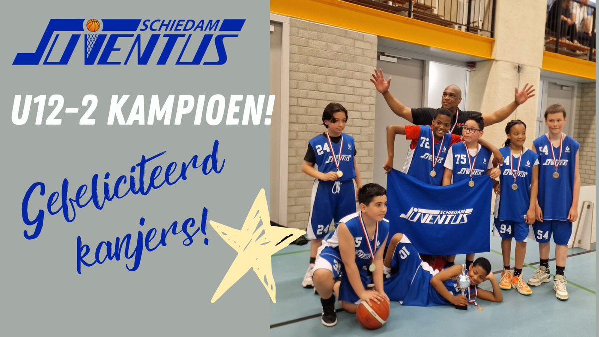 SbvJuventus's tweet photo. Yes! U12-2 is kampioen met een 36-34 overwinning vandaag! Trots op deze kanjers! Wist je dat ze met 34-36 de 1ste wedstrijd tegen @DBVRowic  verloren, de 2de met 36-34 wonnen  en vandaag de 3de met 36-34 wonnen? #GoJuventus #basketball #kampioen https://t.co/ZUZMhktcrv