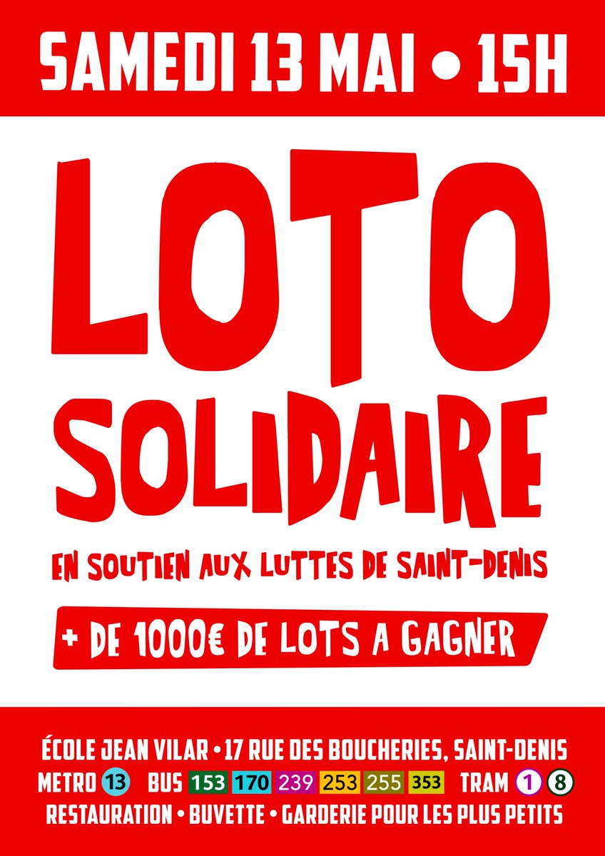 LorenzZorro's tweet photo. 🎉🎁 La semaine prochaine on organise un loto en soutien aux grévistes de St-Denis. Y'aura plein de lots sympas à gagner (des jeux, des places de concert, à manger). Venez et faites tourner ! 🔥

🗓️ Samedi 13 mai
⏰ 15h-18h
📍École Jean Vilar - 17, rue des Boucheries - St-Denis https://t.co/IpjdGNIFDH