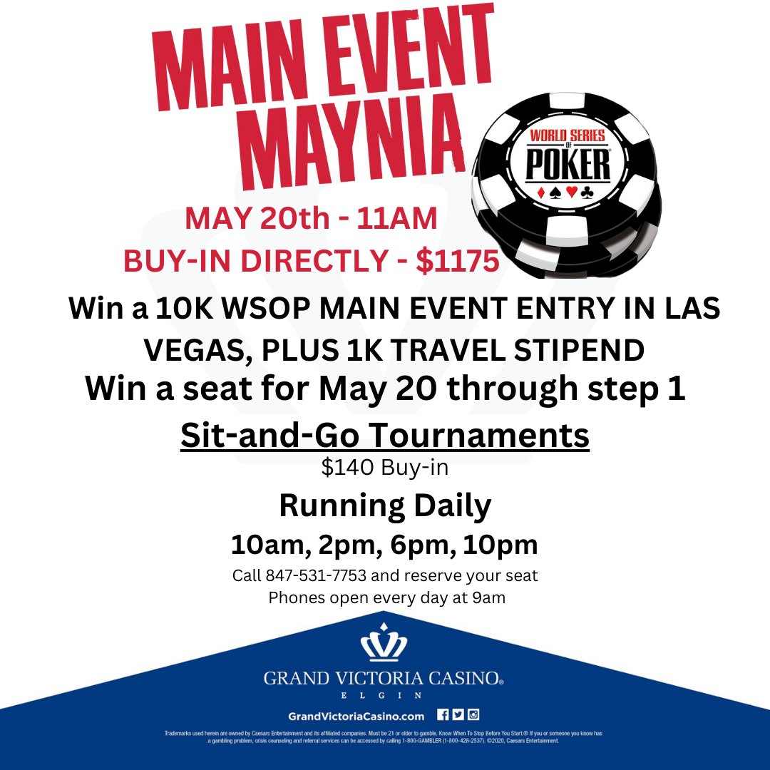 GVC_Elgin's tweet image. Come join us in our #WSOP for our Daily #SitandGo Tournaments! The entry fee is $140, and the winner of every tournament will win a seat in our #MainEventMaynia on May 20th at 11am. Reserve your seat early day of by calling our poker room. Phones open at 9am daily!