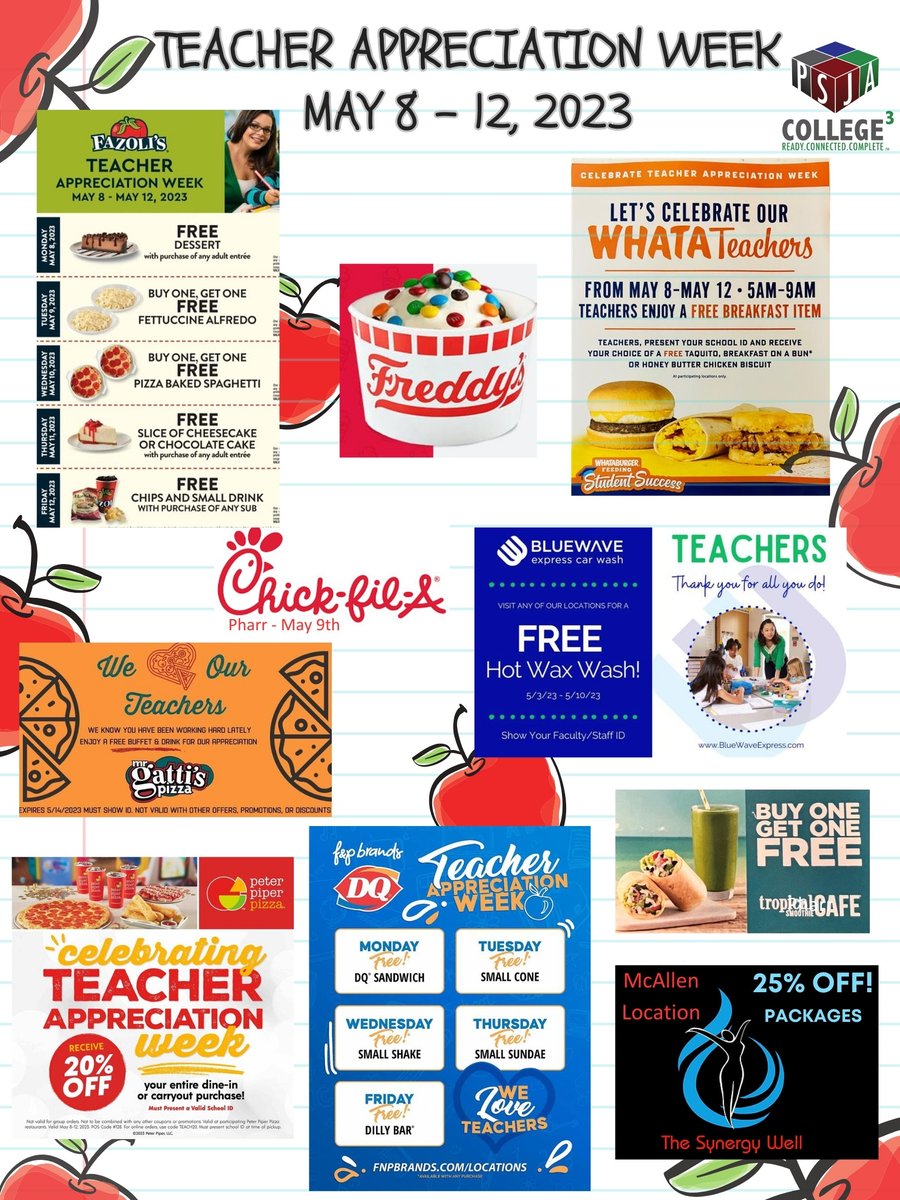 Show your school/district badge at these locations to receive some goodies for your hard work as part of Teacher Appreciation Week!

Thank you to our dedicated teachers and staff for all that they do every day for our students and families! ❤️

#WeloveOurTeachers