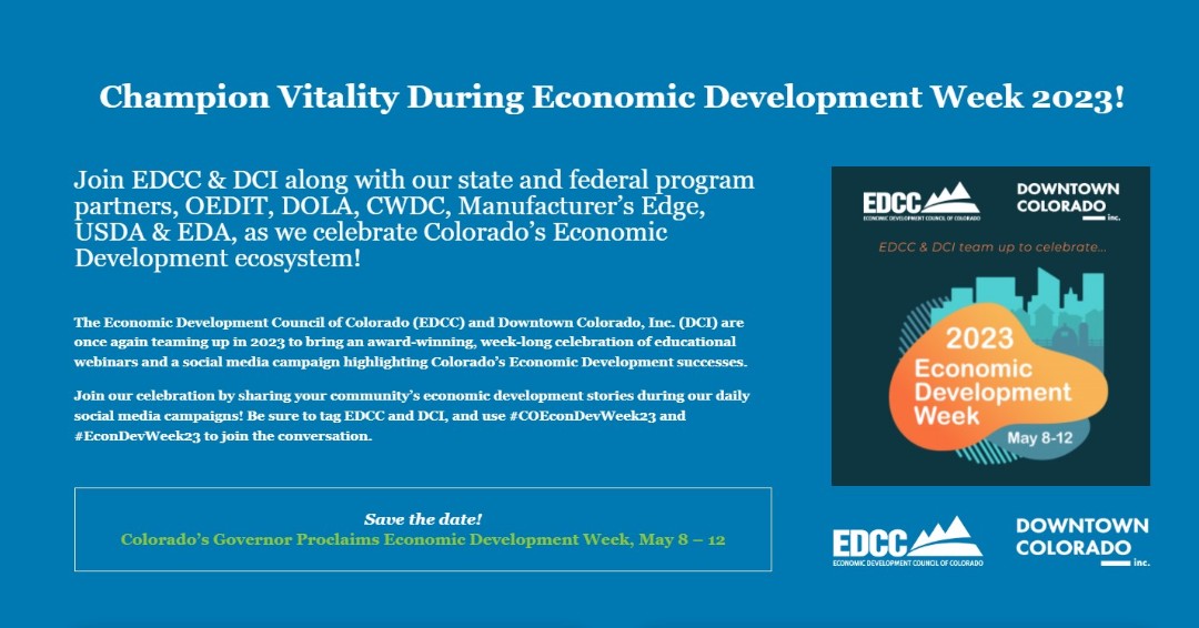 PuebloPlex's tweet image. 💡Join us in celebrating Colorado Economic Development Week! Economic Development is
essential for driving growth and creating thriving communities. Let’s recognize the contributions of Colorado stakeholders by sharing your success stories and using the hashtag #COEconDevWeek2023