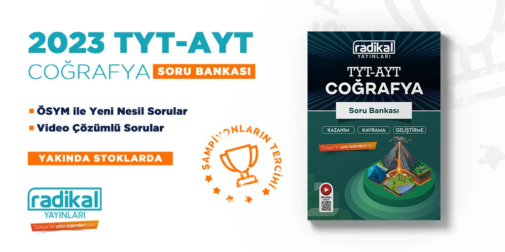 YKS adaylarına coğrafya netlerini zirveye çıkaracak soru bankası yakında sizlerle… 🤗

ÖSYM ile uyumlu yeni nesil soruları ve video çözümleri ile ÖSYM soru tiplerinin çözümlenmesi ve çözüm mantığının kolayca kavraması hedeflenmiştir.

#radikalyayınları #ösymileuyumlu