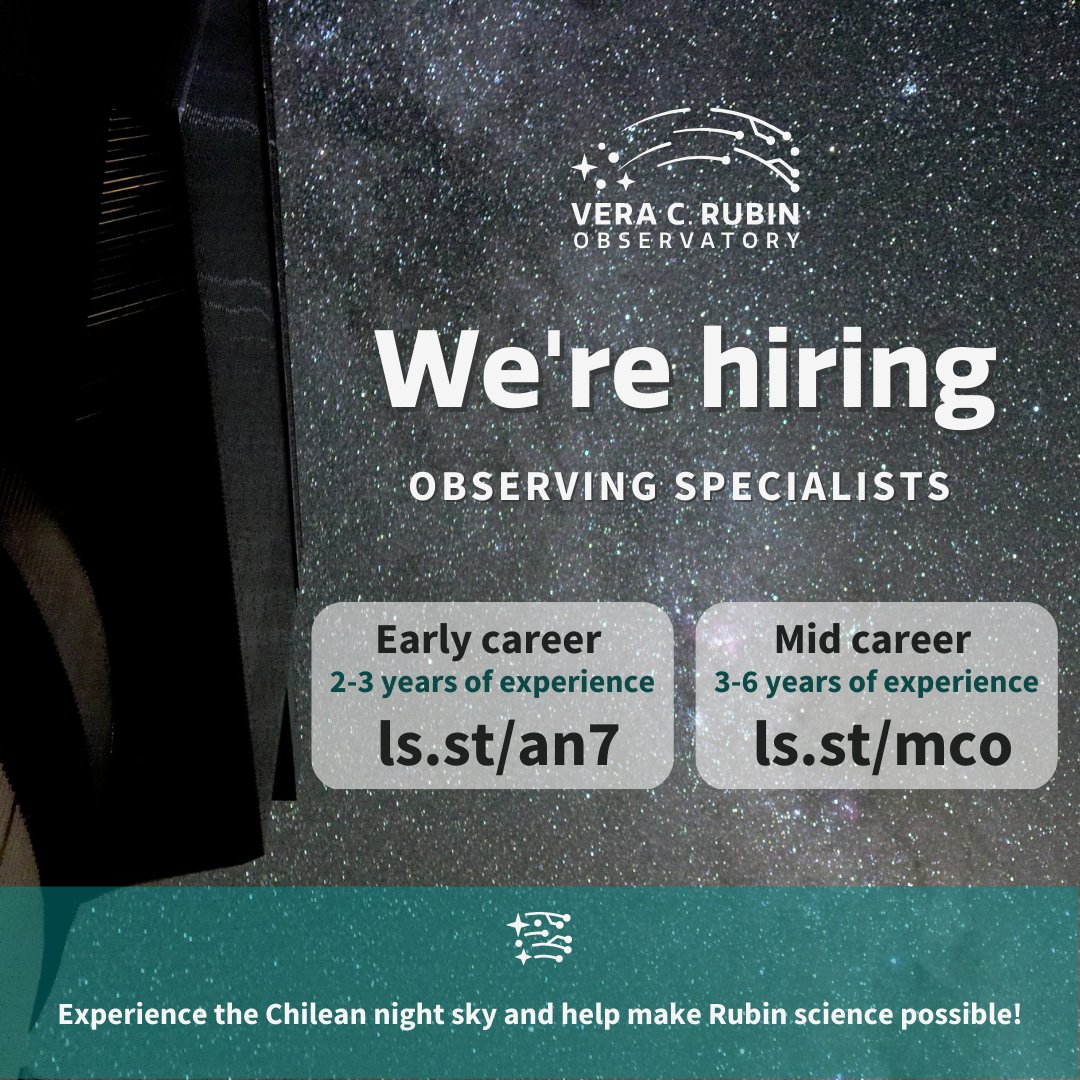 VRubinObs's tweet photo. We're #hiring two observing specialists to join our staff in Chile!

Want to help make Rubin science happen? We have openings for both early- and mid-career observers!

Early-career: https://t.co/hNRkPgZSvP
Mid-career: https://t.co/G51JkYrEXz

Apply by June 16th! https://t.co/dPWfcUL29t