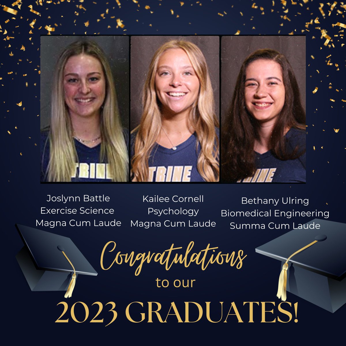 Congratulations to our 2023 Trine Volleyball graduating seniors! All three graduated with honors! Beyond proud of you <a href="/JoslynnBattle/">Jos</a> <a href="/kcorn25/">kailee</a> and Bethany!