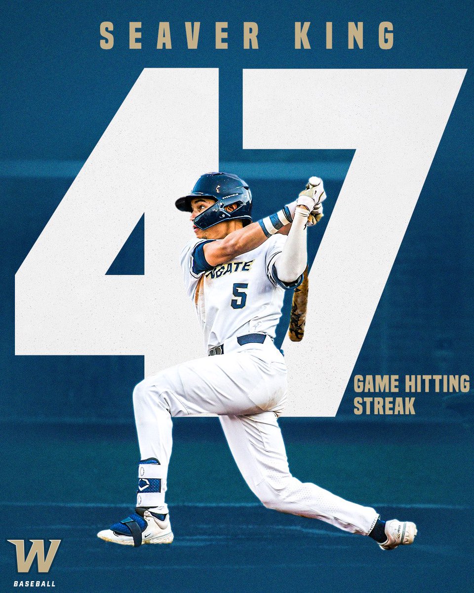 What a run! 

Seaver King put together a 47-game hitting streak starting in the ‘22 NCAA Tourney and running through the final game of the ‘23 regular season! 

3rd-longest hitting streak in <a href="/NCAADII/">NCAA Division II</a> history! 

Nation’s leader in hits has at least 1 hit in 81 of 86 career starts!