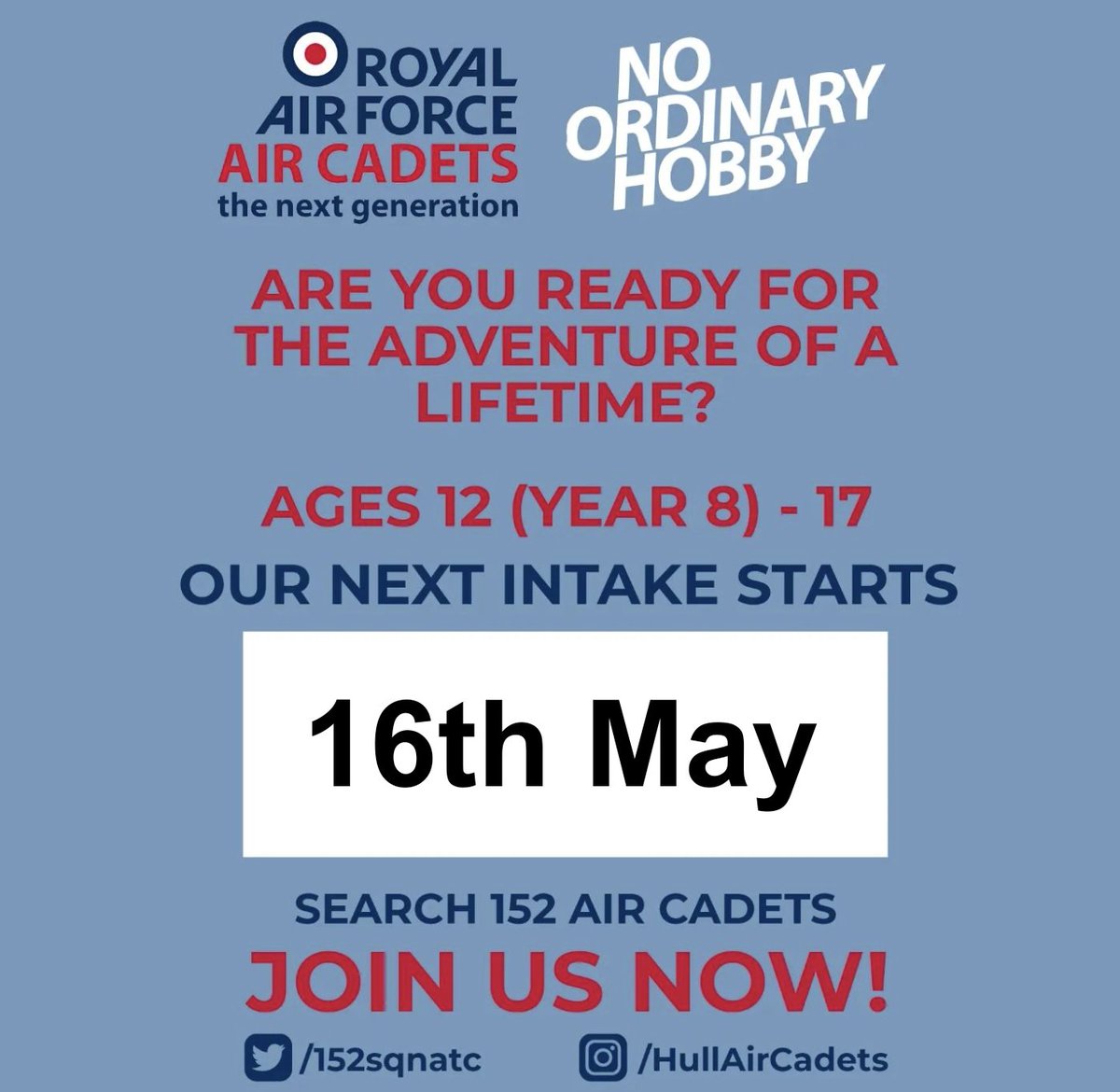 Want to try something different?

Become an Air Cadet!

Our next intake starts on Tuesday 16th May.

Follow the link in our bio.

#trysomethingnew #aircadets #cadets #whatwedo #noordinaryhobby #noordinaryvolunteer #RAF #RAFAC