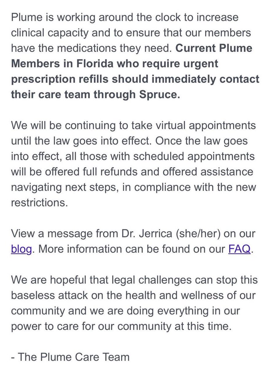 Plume being forced to close in Florida is absolutely devastating for the trans community.

This is going to cause people to loose their HRT. Forced medical detransition was always the goal of SB254 and Ron DeSantis.

Florida is not safe for trans people.