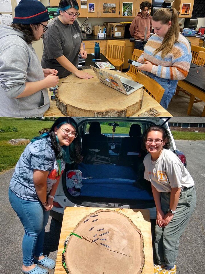 The focus of student projects in Dr. Kerr’s 432 course this term was community engagement. Nicolas Castillo, Sophia Jodoin, Elizabeth Barnes &amp; Hope Hutchinson dated a red oak cross section to 1869 for the Greenback Historical Society, and made a tree-ring lesson for 5th graders!