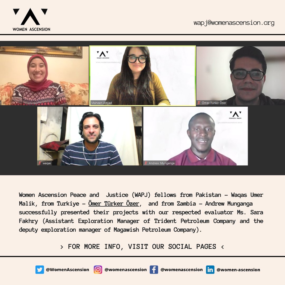 WomenAscension's tweet photo. Women Ascension Peace and Justice (WAPJ) fellows from Pakistan - Waqas Umer Malik, from Turkiye - Ömer Türker Özer, and from Zambia - Andrew Munganga successfully presented their projects
#WAPJ #SDG16 #internships #Research #associates #Pakistan #Zambia #WomenAscension #Global https://t.co/1dlScIeluB