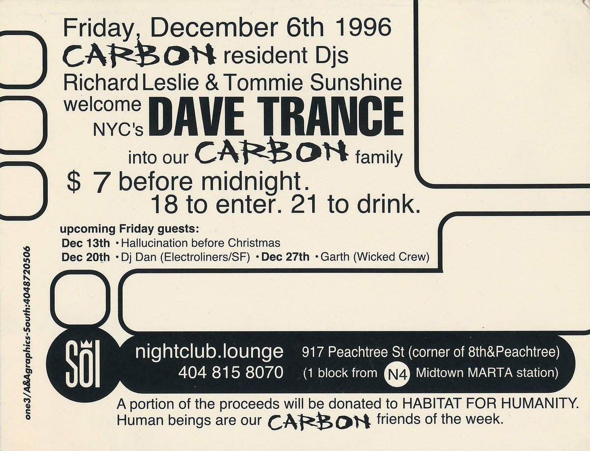 #atlanta #georgia #ga #carbon #sol #djsneak #richardleslie #tommiesunshine #clubflyer #flyer #raveflyer #1990s #nineteenninetysix #nightlife #nightlifeflyer #davetrance