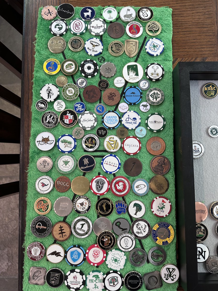 Top100Rick's tweet photo. Ball marker collection is coming along. 

Any ideas on how I should display them?  

I can’t find a wall display that will actually hold 100 markers. The black framed one was supposed to, but holds about 80 since many are big. https://t.co/ssr5wFffyX