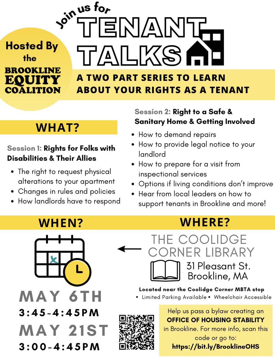 VoteCarlosRios's tweet photo. Todayโs the first day of #TenantTalks, led by @BklneCoalition! Session one will take place at the Coolidge Corner Library from 3:45 to 4:45, and will focus on tenant rights for folks with disabilities or someone who takes care of others with disabilities! Hope to see you there! https://t.co/uxV98CpDtH