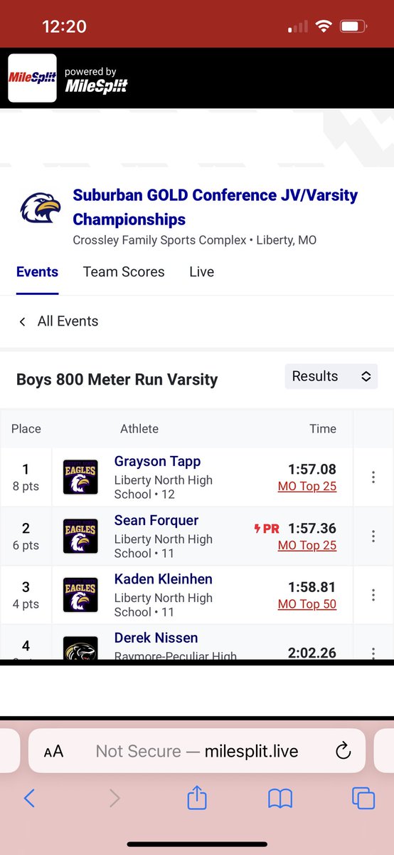 Varsity Boys had a sweep in the 800 Meter Run-Grayson Tapp was Conference Champion! Sean Forquer was Runner Up &amp; Kaden Kleinhen was 3rd! 🥇 🥈 🥉