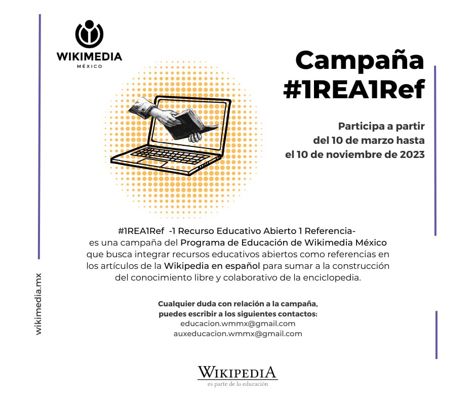 Wikimedia_mx's tweet photo. La campaña #1REA1REF busca integrar recursos educativos abiertos como referencias en los artículos de Wikipedia en español🤓.
Aquí te contamos como participar en esta campaña📚:
#WikimediaEsParteDeLaEducación https://t.co/2gOrok5kga
