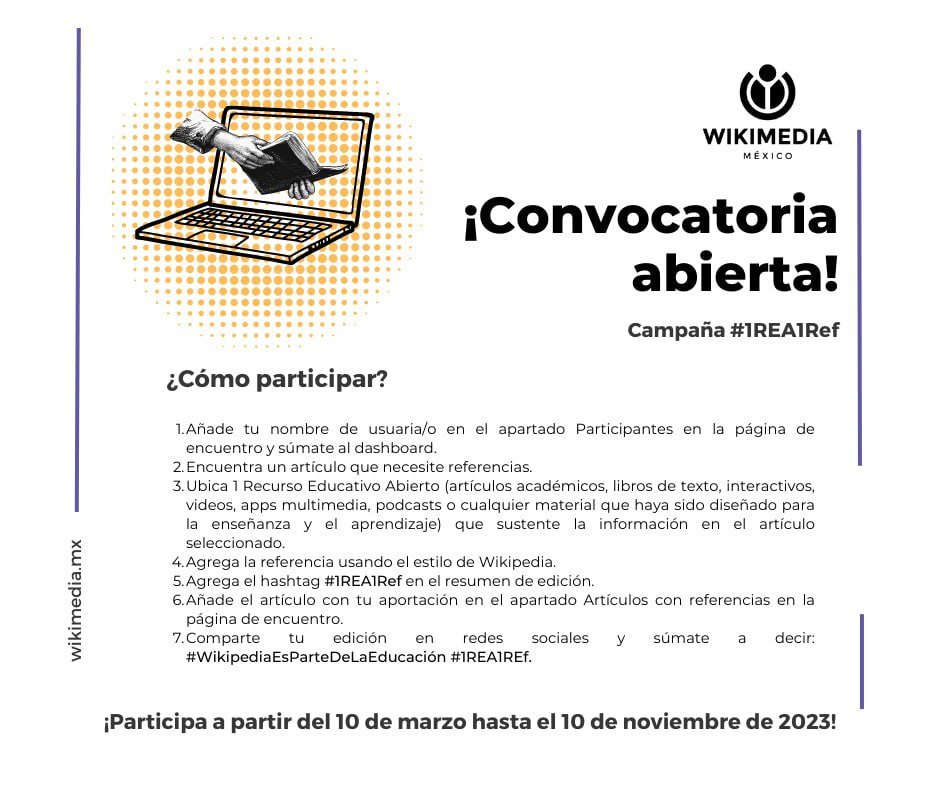 Wikimedia_mx's tweet photo. La campaña #1REA1REF busca integrar recursos educativos abiertos como referencias en los artículos de Wikipedia en español🤓.
Aquí te contamos como participar en esta campaña📚:
#WikimediaEsParteDeLaEducación https://t.co/2gOrok5kga