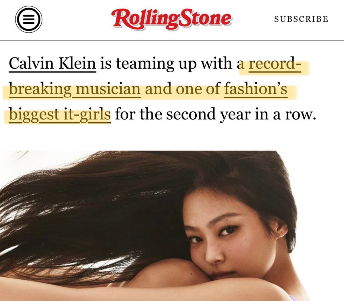 AboutMusicYT's tweet photo. Rolling Stone names BLACKPINK's Jennie as a fashion it-girl.

- "A record-breaking musician and one of fashion’s biggest it-girls". https://t.co/cJUdXIHV3X