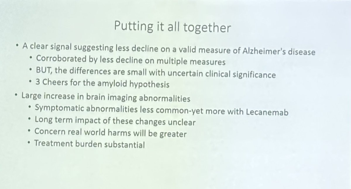 MelissaBoginMD's tweet image. endless #AGS23 pearls: what about lecanemab for dementia??
➡️findings support LESS DECLINE in cog only! (NOT same as improvement, which would be 🔑 to discuss w/patients &amp;amp; care partners!) 
➡️clinical benefit unclear  
➡️risk of harms may be greater than benefit 
#geriatrics
