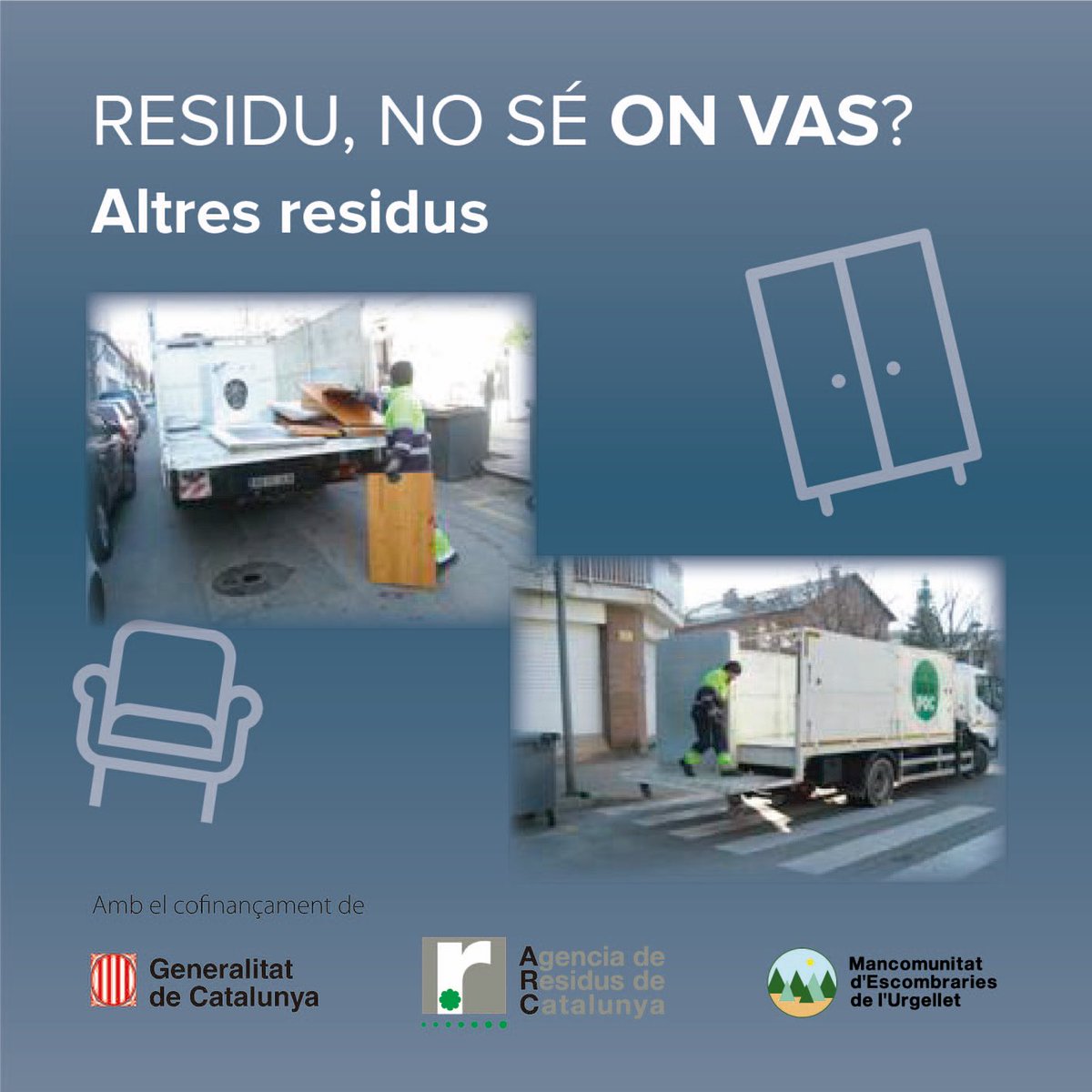 MancoUrgellet's tweet image. No oblidis trucar per demanar el servei de recollida de mobles i
voluminosos al telèfon: 973355600 o (com a màxim el dimarts anterior al migdia). La recollida es fa els dimecres al matí de forma setmanal a La Seu i quinzenal a la resta de municipis.
#cpinnovació #selectiva #laseu