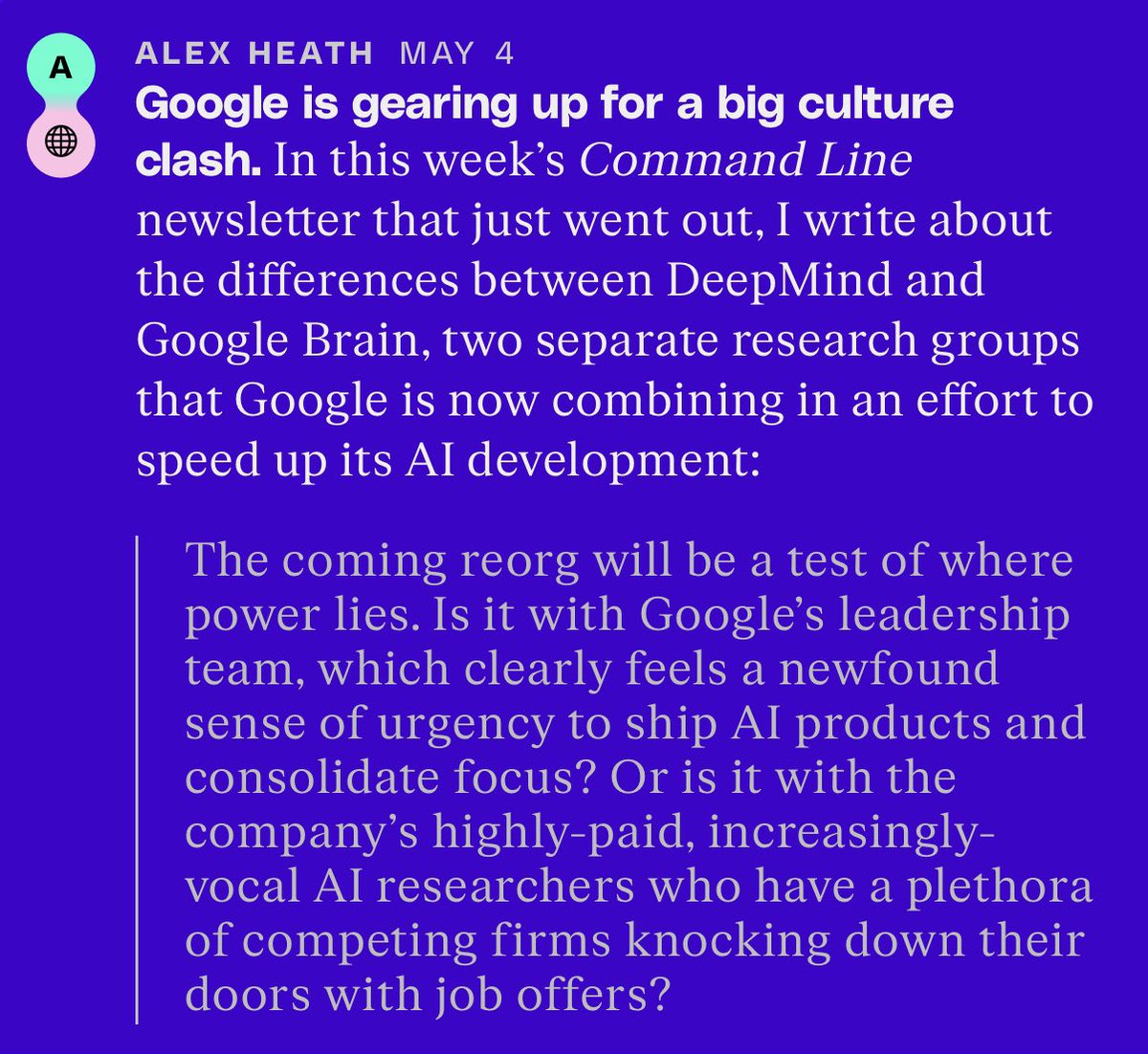 in this week’s newsletter: the coming culture clash with Google’s DeepMind + Brain merger, and this past week in AI news theverge.com/subscriptions/…
