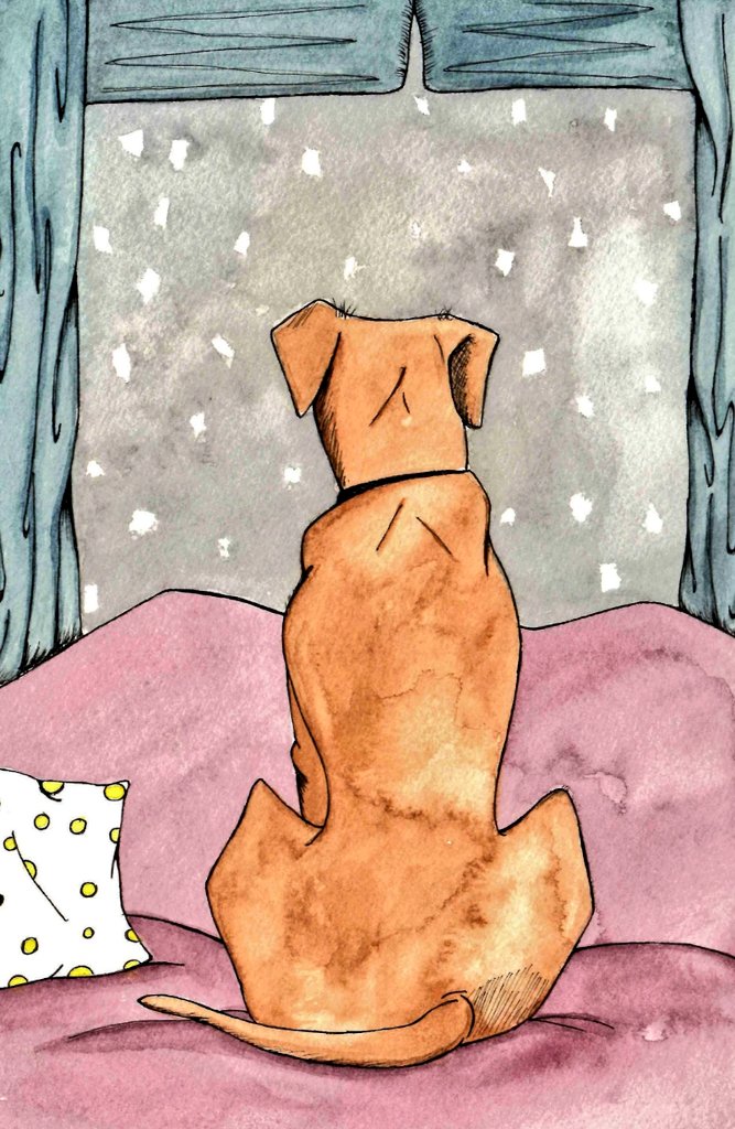 Love to sit by the window to watch and listen to the rain 🌧️ #pnwweather #rosaliehuxfordart #watercolorpainting #dogillustration #rainydays