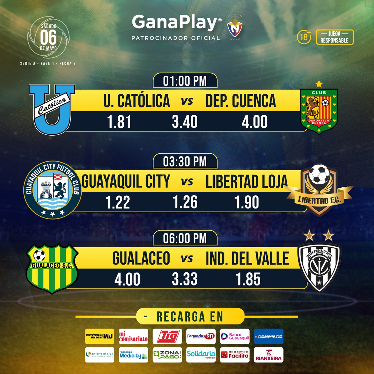 GanaPlayEC's tweet photo. Lo mejor del #CampeonatoEcuatoriano solo en https://t.co/WfxQPBV6It
Tenemos unos encuentros futboleros de lujo!
📌 @UCatolicaEC 🆚️ @DCuencaOficial
🕒 13h00
📌@GuayaquilCityFC 🆚️ @LibertadFC3
🕒 15h30
📌 @Gualaceo_sc 🆚️ @IDV_EC
🕒 18h00
Corre a #pronosticar! ⚽️🔥 https://t.co/3H8Kpqzejk