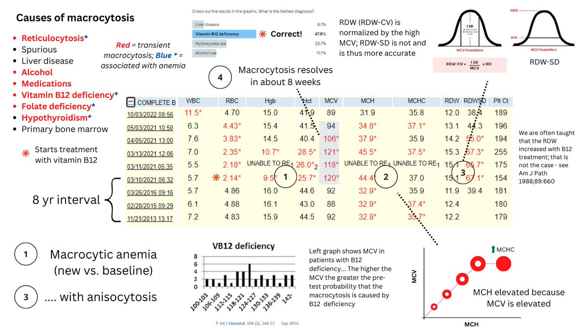 1/7

I tweeted a poll asking for the most likely diagnosis based on a CBC time series. 

Most of you came up with the right answer... vitamin B12 deficiency 🙌

In liver disease, the macrocytosis would not typically appear and then disappear 8 weeks later.