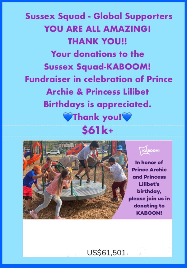 SussexEvent's tweet photo. “It takes a Village to raise Children!”
THANK YOU for supporting KABOOM!  
and being a part of that GLOBAL VILLAGE!!!🩵

@kaboom #ServiceIsUniversal
#PrinceArchieDay #PrinceArchie4 https://t.co/Pjq634U5MQ