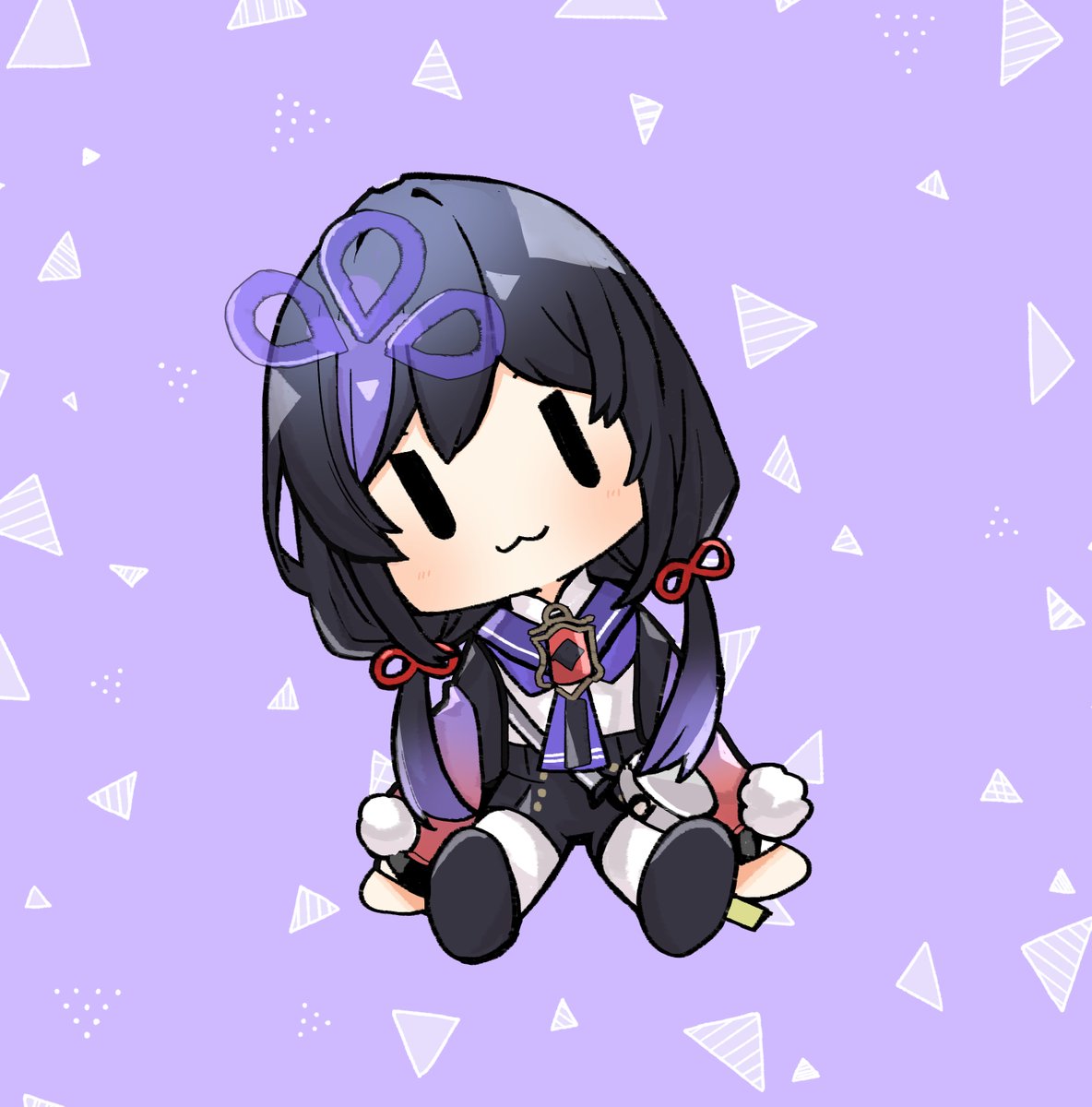 1girl solo purple background chibi :3 purple hair black hair  illustration images
