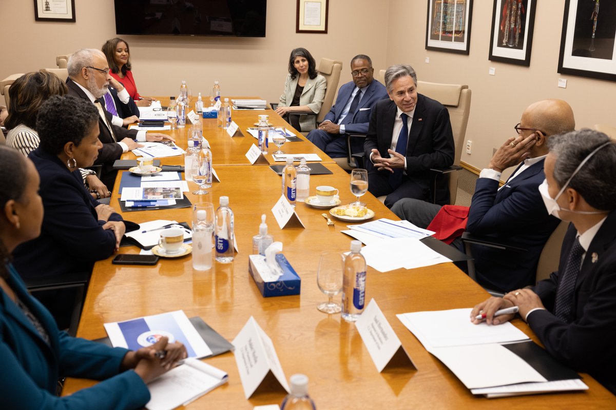 SecBlinken's tweet photo. Glad to meet with @PrezGTFrench, @MorehousePrez, @MSMPres, Dr. Michael Hodge, and Dr. Terri Harris Reed to discuss deepening our engagement with HBCUs. @StateDept is dedicated to increasing diversity across the board, from study abroad to recruiting future diplomats. https://t.co/8coQUR9PbR