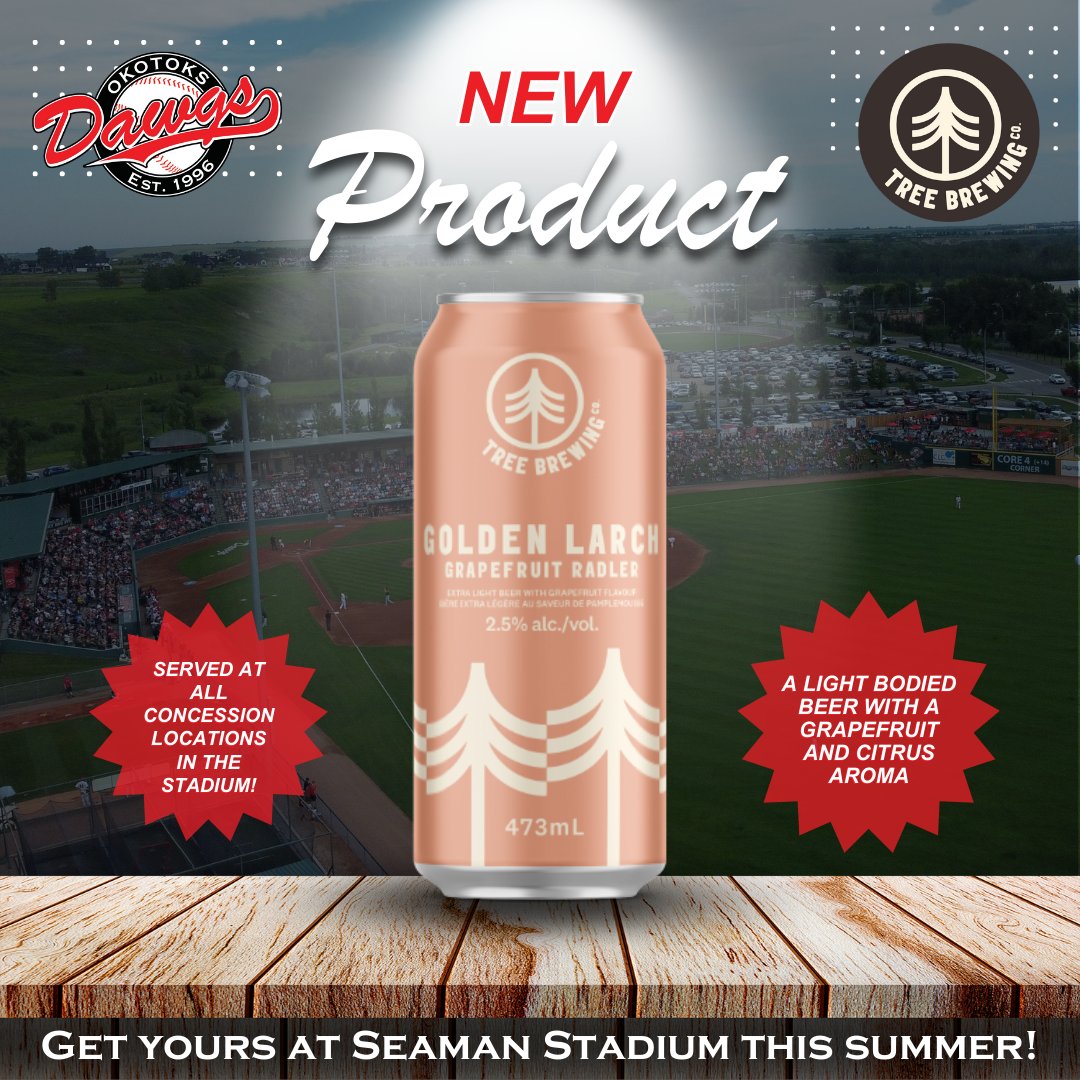 Okotoks_Dawgs's tweet photo. ๐จ๐จNew Product Alert๐จ๐จ
The Dawgs are pleased to announce we will be offering the Golden Larch Grapefruit Radler from Tree Brewing at Seaman Stadium this season!
#dawgs #baseball #okotoks #beer #treebrewing #newproducts #yycevents #yycdatenight https://t.co/f0LxB2Y7uU