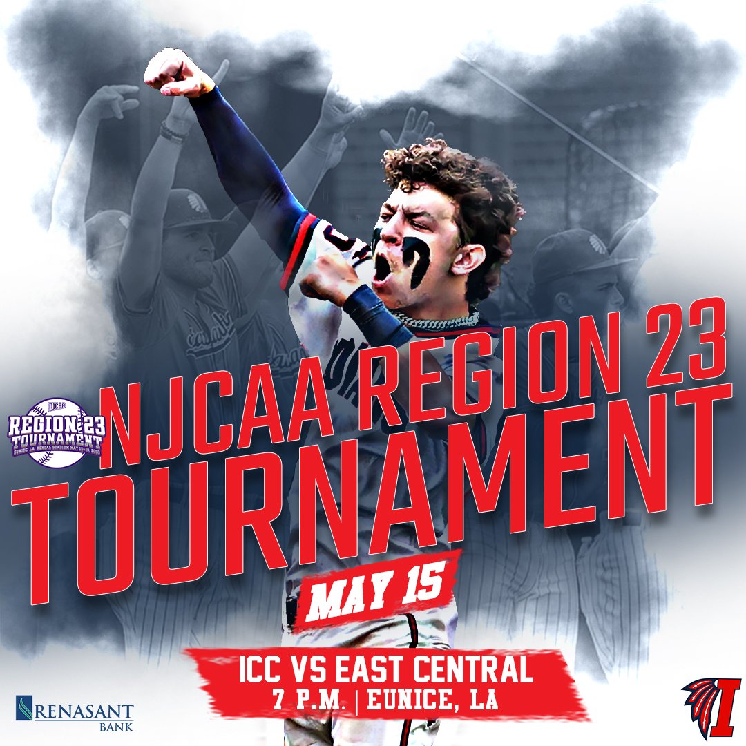 The Postseason continues!! 
 
No. 15 ICC Baseball will face No. 11 East Central Monday, May 15 at 7 p.m. in the NJCAA Region 23 Tournament in Eunice, La.. #RollTribe #ICCBSB letsgoicc.com/sports/bsb/202…