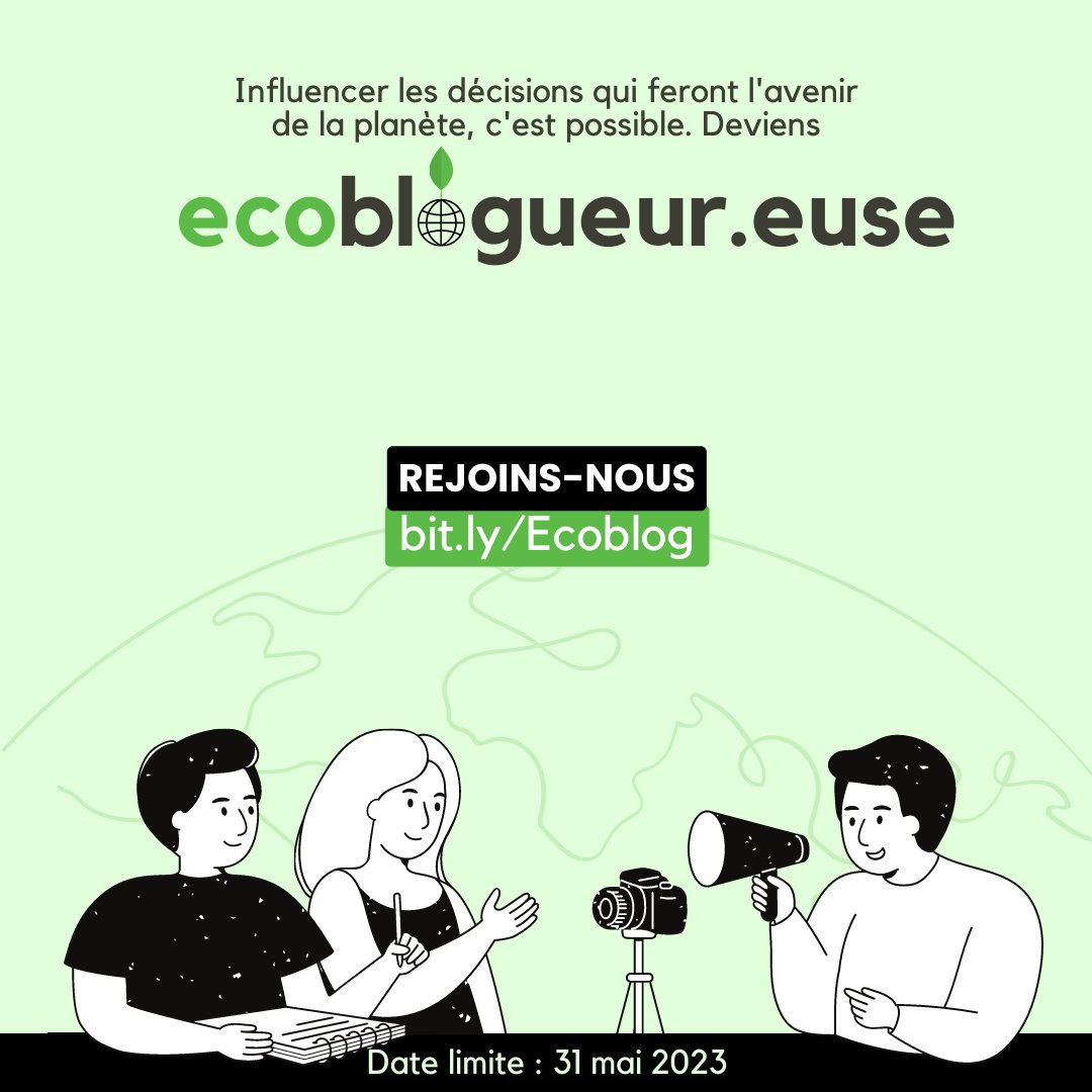 ecobloge's tweet photo. 📣Rejoignez la 1ʳᵉ cohorte d'ecoblogueur·euse·s !

Envie d'apprendre à créer du contenu pour alerter, dénoncer et protéger l'environnement ? Saisis l'opportunité d'Ecoblog pour renforcer tes capacités

➡ https://t.co/uovVy7q2hG
ℹ https://t.co/vIEN8KFymh
🗓 31.05.2023

#ecoblog https://t.co/oY27taRoPb