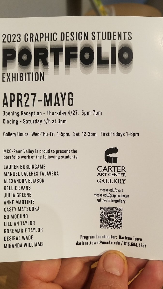 CarterGallery's tweet image. MCC–Penn Valley is proud to  the portfolio work of our Graphic Design students.
Carter Art Center Gallery, 3201 Southwest Trafficway, KCMO
Come help us celebrate the work of these students!
mcckc.edu/pvart   @CarterGallery