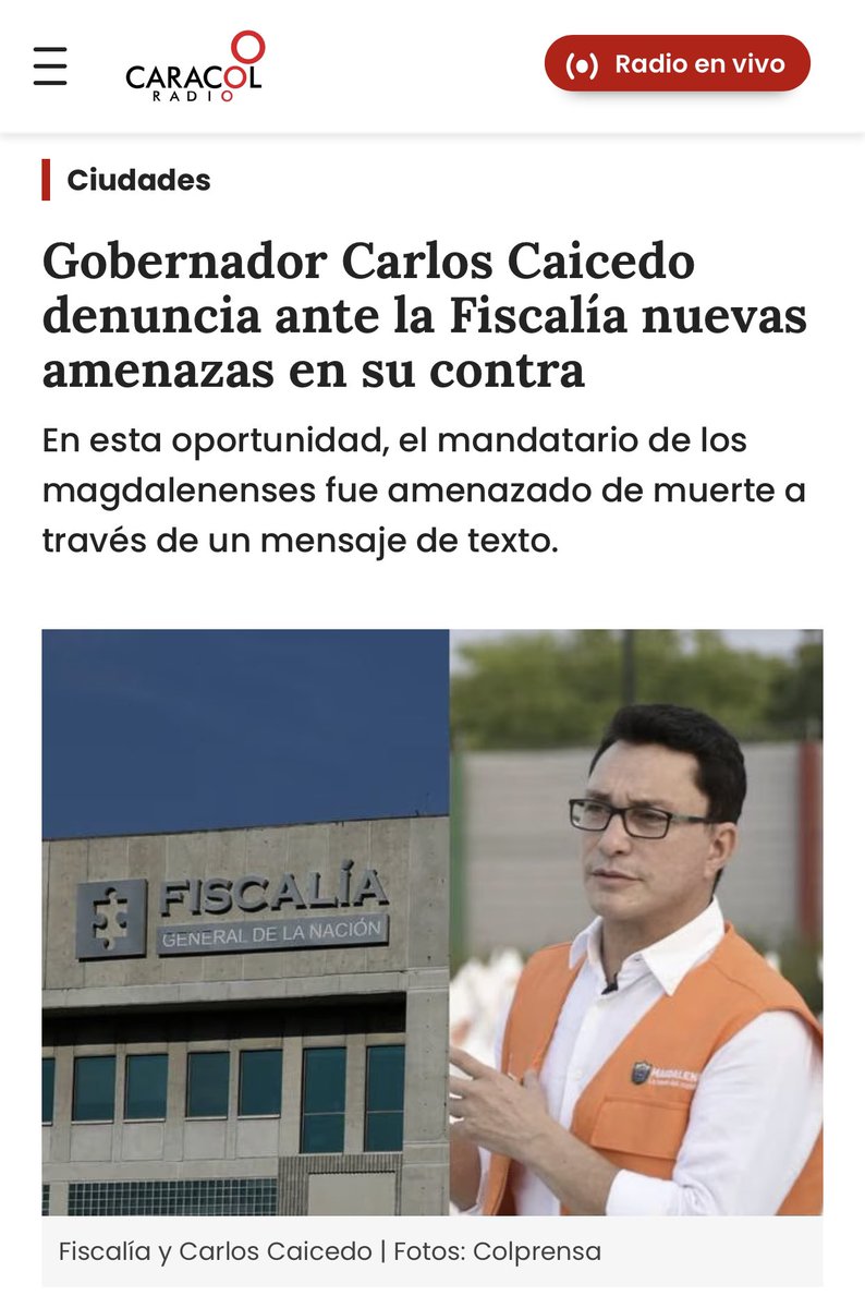 Estas amenazas que denuncia el Gob. <a href="/carlosecaicedo/">Carlos Caicedo</a> las pusimos en conocimiento del <a href="/mindefensa/">Mindefensa</a> <a href="/Ivan_Velasquez_/">Iván Velásquez Gómez</a> y del Director de la UNP; esperamos que las autoridades actúen. Mi solidaridad con el Gobernador, <a href="/mrafael70/">Rafael Martínez</a> y <a href="/AAriasPeriodist/">Alejandro Arias - Sumario TV</a>; nuestro compromiso es con la vida.