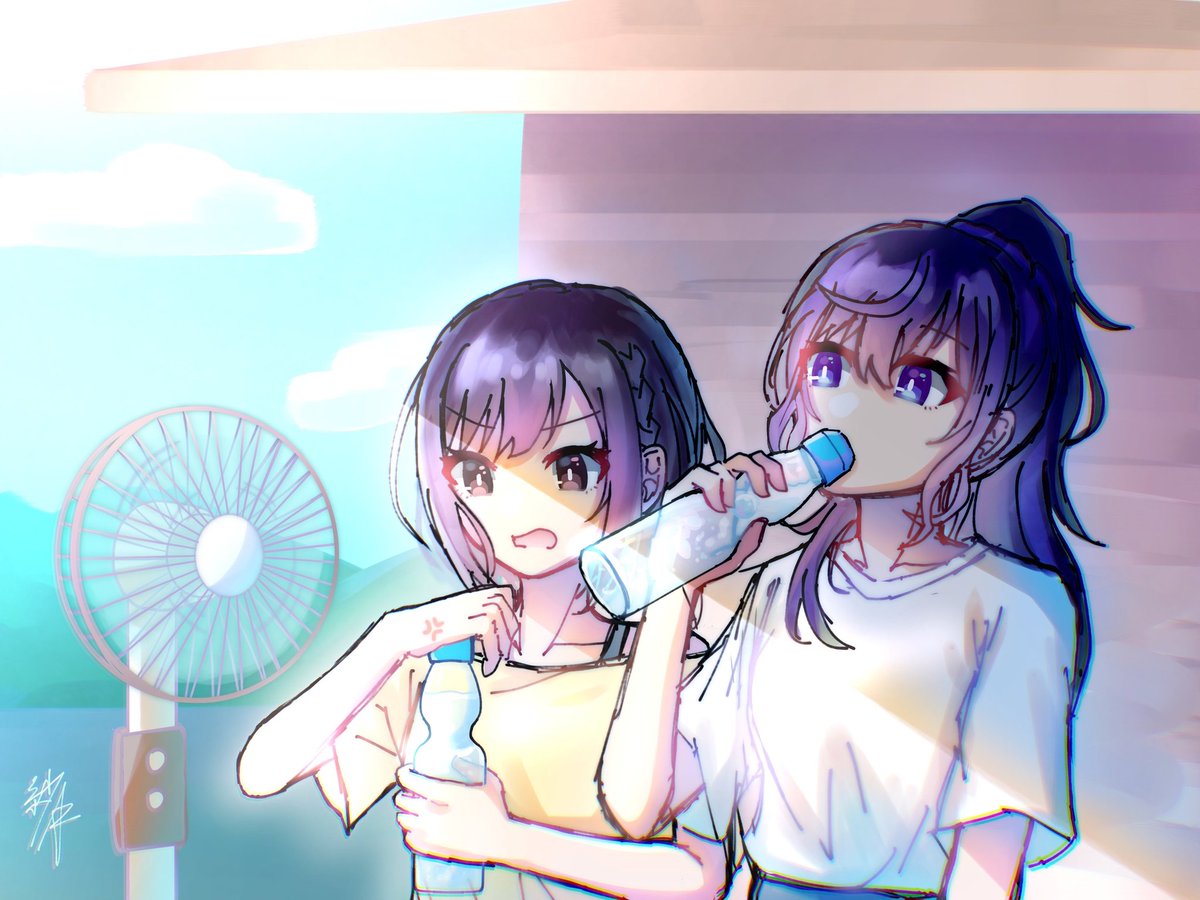 multiple girls 2girls ramune bottle shirt electric fan holding bottle  illustration images