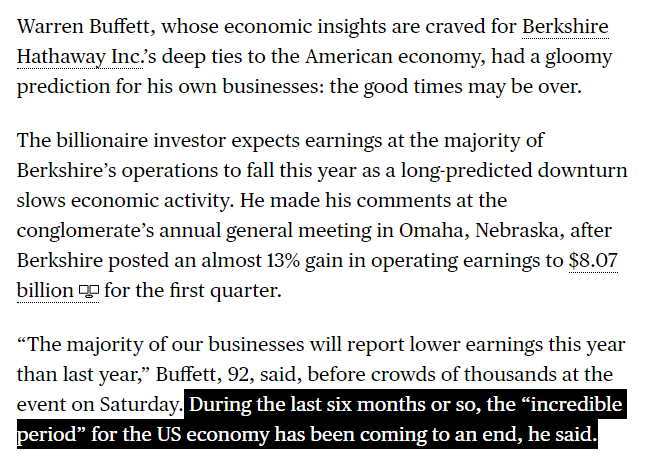 TheStalwart's tweet photo. Warren Buffett says that in the last 6 months, an incredible period for the US economy has come to an end, and that most of Berkshire's operating units will see a decline in earnings. https://t.co/TmouZWq5NB https://t.co/HdslKDkIk5