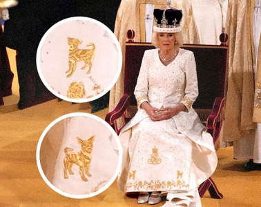 Queen Camilla had her Jack Russells Bluebell &amp; Beth embroidered on her #Coronation gown. They are rescue dogs from <a href="/Battersea_/">Battersea</a>; Beth from a family who could no longer care for her, and Bluebell was found abandoned at three weeks old, starving, covered in sores. Just marvellous.🐾