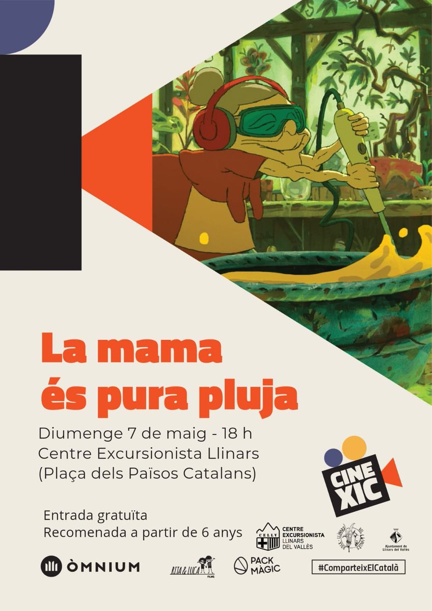 Cinema infantil en català a Llinars.
🗓️ Diumenge 7/5/23, 18h
🎞️ Pel·lícula LA MAMA ÉS PURA PLUJA
📍Al nostre local
👧🏻 A partir de 3 anys. Cal 1 acompanyant adult
👉 Entrada gratuïta
🏠 Aforament limitat

#Cinexic
@omnium @RitaLucaFilms @PackMagic_ @OmniumBMontseny
@baix_montseny