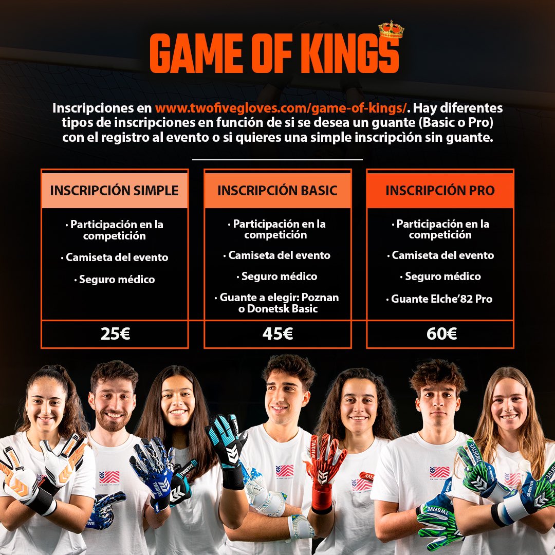 TwoFiveGloves's tweet photo. 👑🧤𝙂𝘼𝙈𝙀 𝙊𝙁 𝙆𝙄𝙉𝙂𝙎 🧤👑

Llega la 1ª edición de los 𝙂𝘼𝙈𝙀 𝙊𝙁 𝙆𝙄𝙉𝙂𝙎, una batalla de porteros/as que contará com la presencia y la exhibición de varios porteros/as de la #KingsLeague y #QueensLeague.

Más información e inscripciones: https://t.co/W9WehmwBnL https://t.co/TIfP0JL5Hi