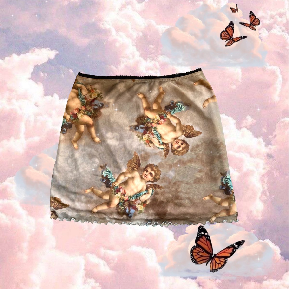Cherub Print Skirt #gothfashion #goth #whimsical #whimsigoth #funki #renaissanceart #baroquepainting #cherabgoth #daVinci #MonaLisa #cherubrose #etheral