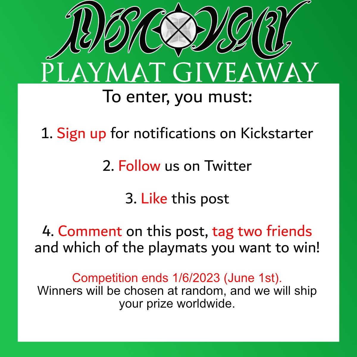 DiscoveryECG's tweet photo. GIVEAWAY TIME! #giveaway #cardgame #kickstarter #screenshotsaturday 

Discovery the Expandable Card Game is launching on Kickstarter June 2nd, and to celebrate, we're giving away two full-sized (24x14 inch) playmats!

Sign up here: https://t.co/ZYGGweNtID

Instructions below: https://t.co/AKNlbqgg4I