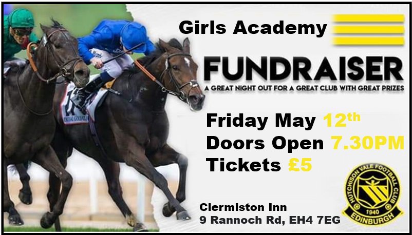 𝐆𝐢𝐫𝐥𝐬 𝐀𝐜𝐚𝐝𝐞𝐦𝐲 𝐑𝐚𝐜𝐞 𝐍𝐢𝐠𝐡𝐭
On the 𝟭𝟮𝘁𝗵 𝗼𝗳 𝗠𝗮𝘆 𝗮𝘁 𝟭𝟵𝟯𝟬 at the Clermiston Inn. 

Tickets £5, DM us or email  hvfcacademy@gmail.com for tickets. 

We are also looking for race sponsors  &amp; raffle donations. 🐴🍾

#Hutchie🟡⚫️ #racenight #fundraiser