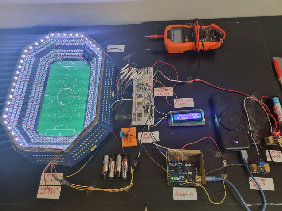 ZaydNashed's tweet photo. I've been working on a new project for the Science Fair that will be held in my school.
Smart football staduim has features including:
1. Generting electricty from mechanical energy
2. Control LED lights
3. Display temperature and turn on fan when 
     needed https://t.co/FSQnScRAO8