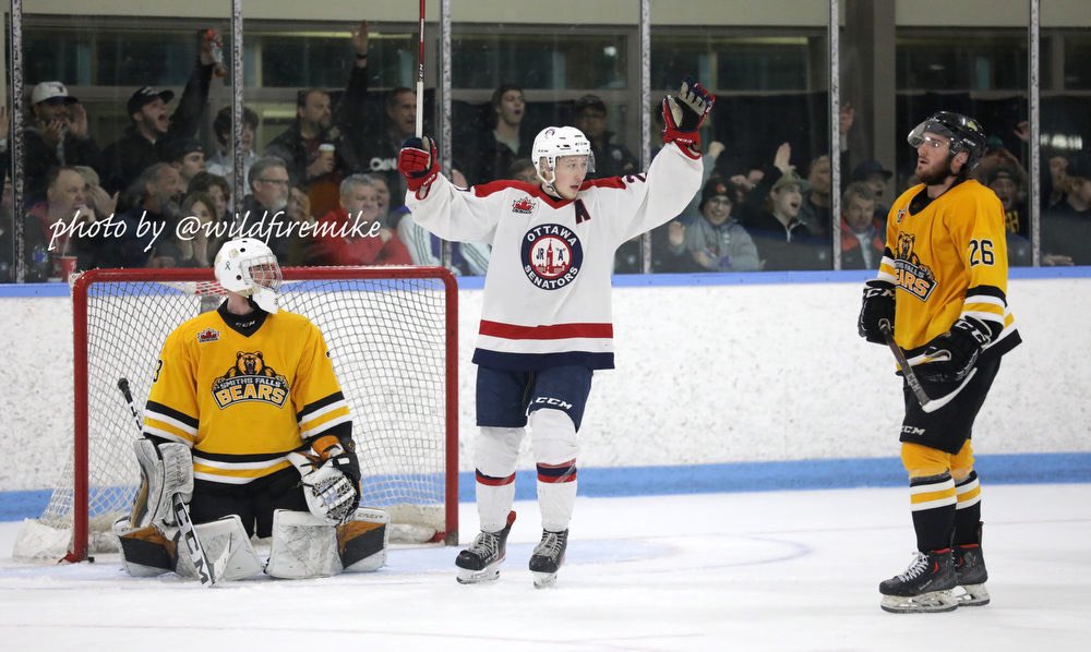 wildfiremike's tweet photo. Was really impressed with the Smiths Falls Bears. They didn’t have OJS’ overall roster depth nor Applebee’s stellar goaltending, but still took the Bogart Cup to a decisive Game 7 — which was tied 2-2 halfway through regulation time. #ottsports #SFBears #CCHL #CentennialCup https://t.co/a0Zq1Eg8mM