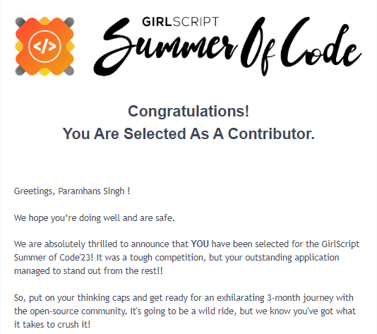 ParamSingh1303's tweet photo. Hi Everyone!
I am glad to announce that I have been selected for #GSSOC23  as a contributor!
I am grateful to GirlScript Summer of Code @girlscriptsoc for this opportunity. Will be giving my best and contributing to some exciting projects. https://t.co/9OjSCEY8l8