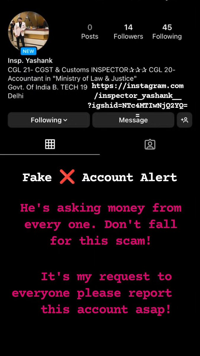 yashank_kumar3's tweet photo. #DelhiPolice #PMOIndia
I'm a cgst and customs Inspector.
Somebody is making fake account of me and my colleagues and asking for money from our followers. This is serious matter of reputation of us and our department.
Insta link of one such fake account- https://t.co/Mouupcuxs1 https://t.co/ZbL7v6dI5O