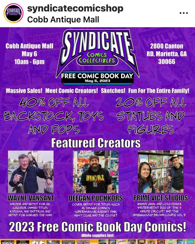 prime_vice's tweet photo. Chillen @syndicatecomicshop for #fcbd. Having a good time &amp; selling comics. Come through! Here till 6pm https://t.co/0rjE91PDoG https://t.co/aXzu4It5mJ