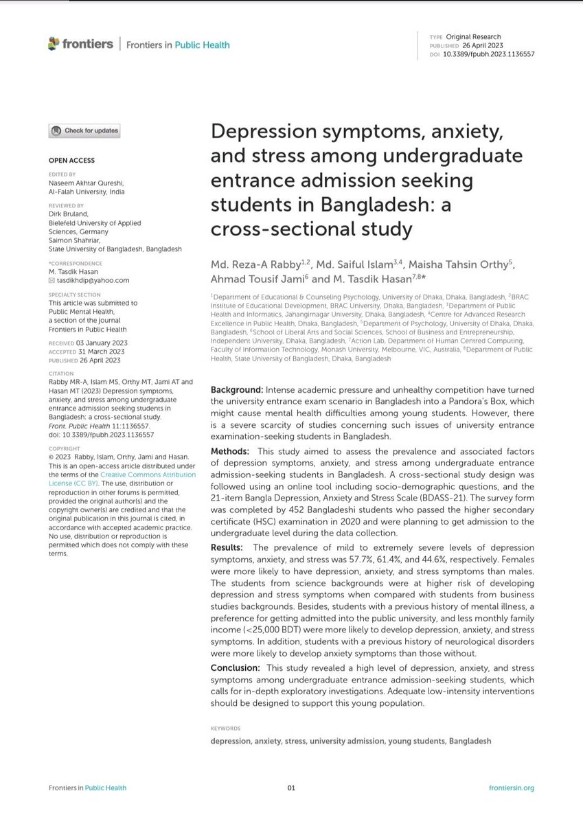 SaifulMsh's tweet image. Depression symptoms, anxiety, and stress among undergraduate entrance admission seeking students in Bangladesh: a cross-sectional study frontiersin.org/articles/10.33…
