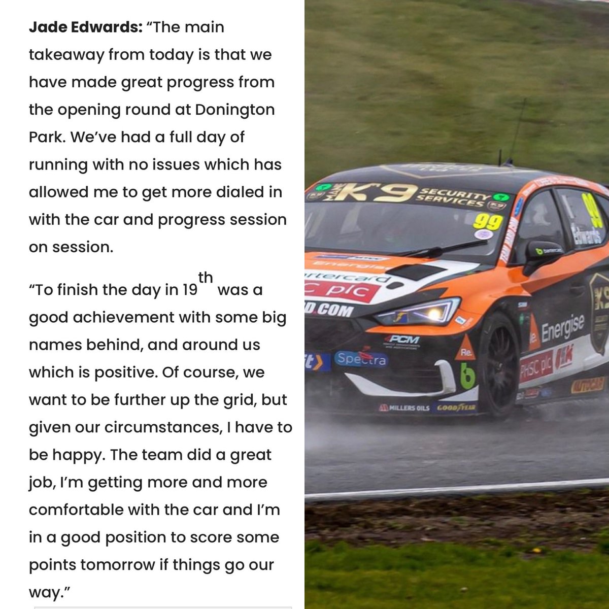 k9_ltd's tweet photo. See what @JadeEdwards9 said about Saturday at #BrandsHatch for Round 2 of the @BTCC championship. #ManeK9Security #99Edwards #JadeEdwards #Kent #KentHour https://t.co/UXegNLSEl2 - 0800 046 1163 - sales@manek9security.co.uk https://t.co/X0B6Oopnui